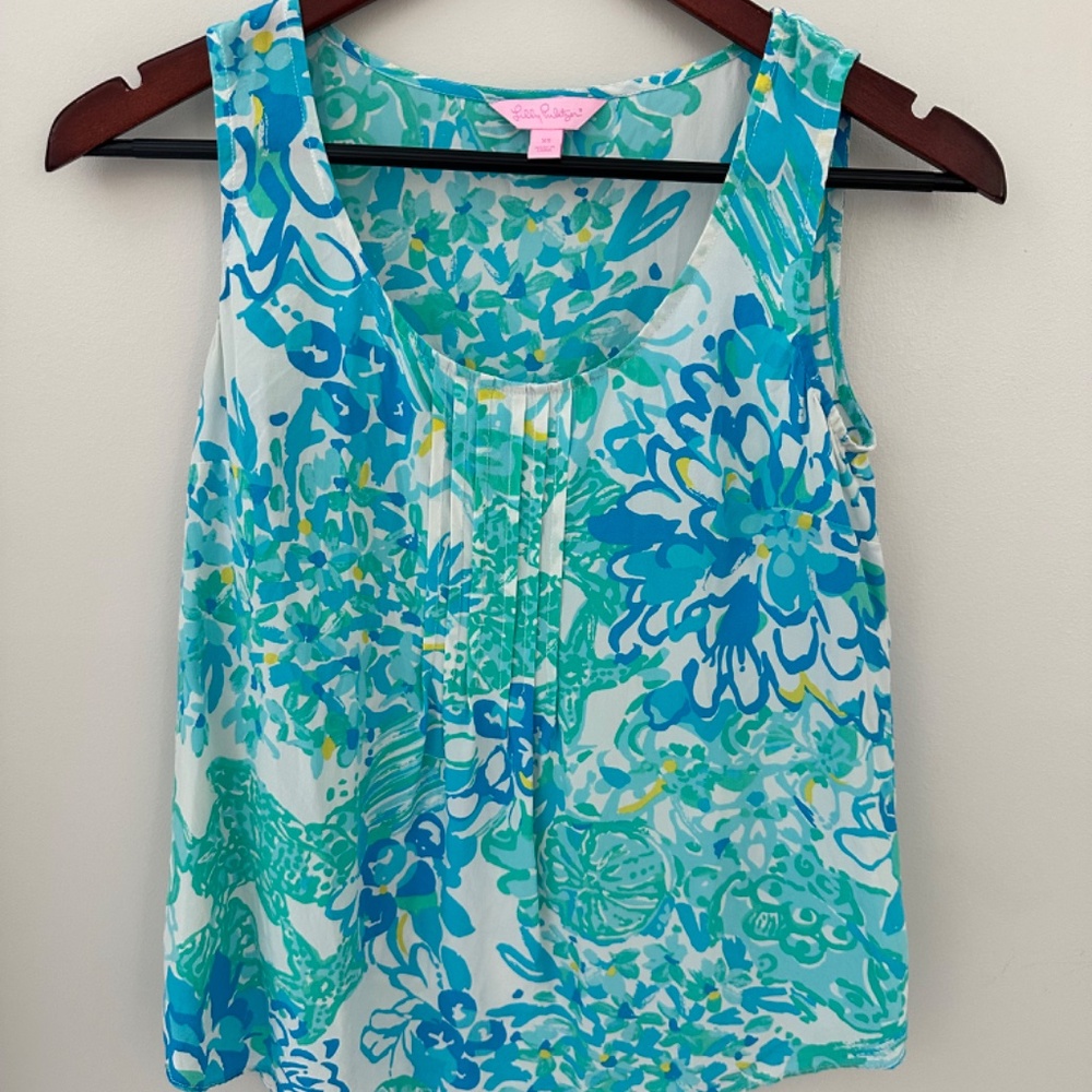 Lilly Pulitzer Aqua Dahlia 100% Silk Tank SZ XS
